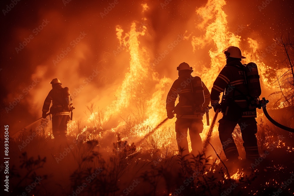 Firefighters Battling Wildfire at Night in a Forest Firefighters Battling Wildfire at Night in a Forest
