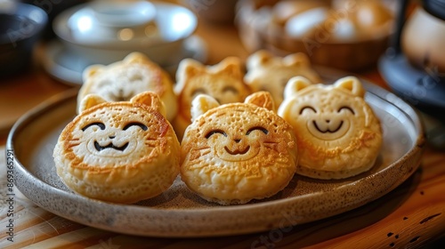 A plate of food with four small yellow pastries with eyes and mouths on them