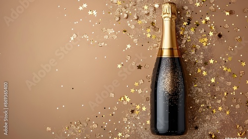 Celebration background with golden champagne bottle, confetti stars and party streamers. Christmas, birthday or wedding concept