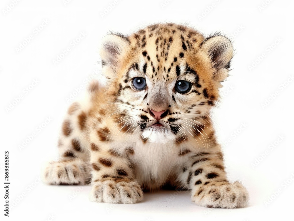 A baby snow leopard with a white coat and blue eyes, nestled in a snowy mountain peak, against a crisp white background A baby snow leopard with a white coat and blue eyes, nestled in a snowy mountain peak, against a crisp white background