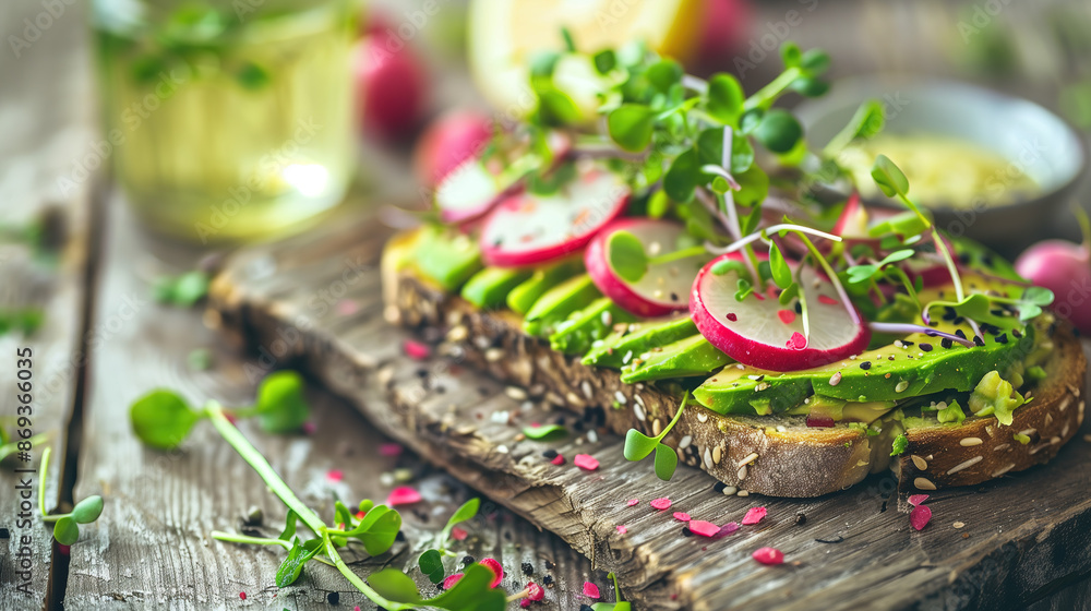 a gluten-free avocado toast, topped with radishes and microgreens, set on a rustic wooden table with a side of lemon water a gluten-free avocado toast, topped with radishes and microgreens, set on a rustic wooden table with a side of lemon water