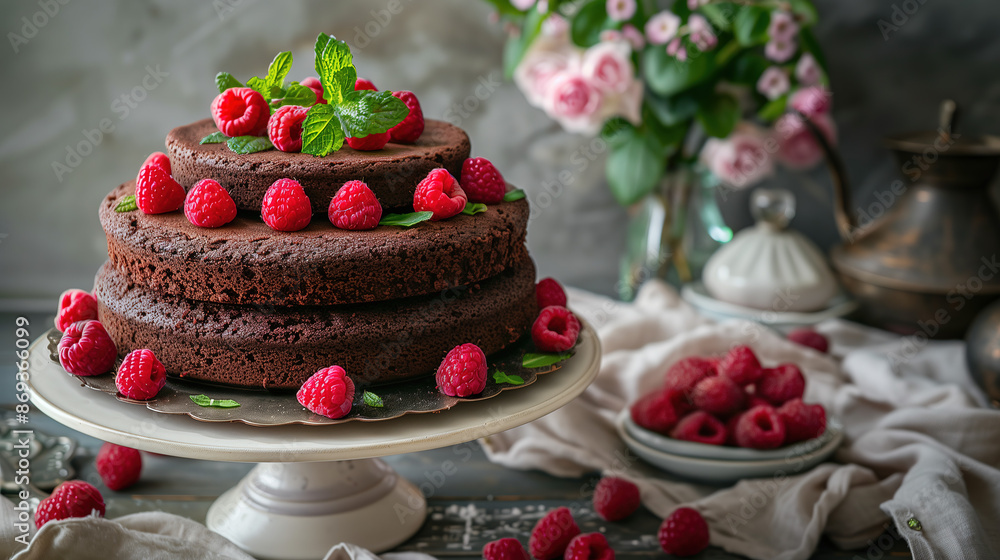 a paleo chocolate cake, garnished with fresh raspberries and mint leaves, served on a vintage cake stand in a cozy kitchen a paleo chocolate cake, garnished with fresh raspberries and mint leaves, served on a vintage cake stand in a cozy kitchen