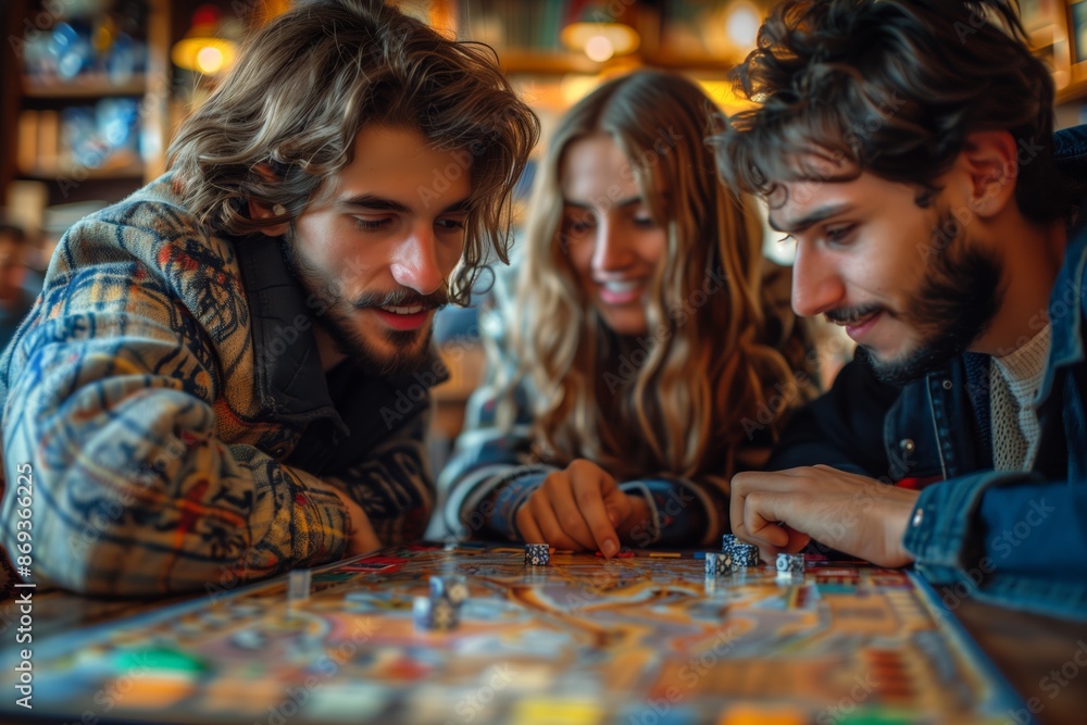 Fototapeta premium Three Friends Playing Board Game in Cozy Bar Setting