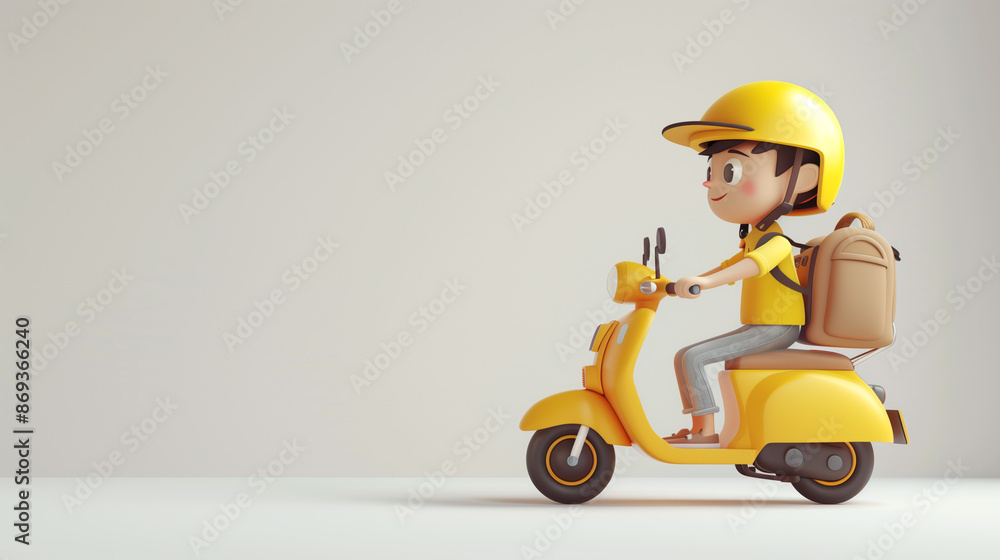 3D illustration of a cheerful delivery person riding a yellow scooter, wearing a matching helmet and carrying a backpack 3D illustration of a cheerful delivery person riding a yellow scooter, wearing a matching helmet and carrying a backpack