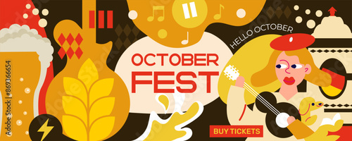 Oktoberfest horizontal banner: girl playing guitar, big beer mugs, lots of beer, music and festive atmosphere. Perfect for the web, advertising, posters, printed materials and social networks.