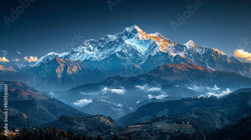 Panoramic View of the Snowcapped Himalayas at Golden Hour Featuring Rugged Terrain, Dark Forests, and Distant Villages
