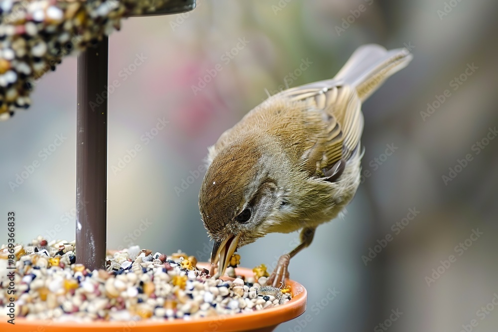 Naklejka premium Bird feeding on seeds from orange feeder, detailed, close-up