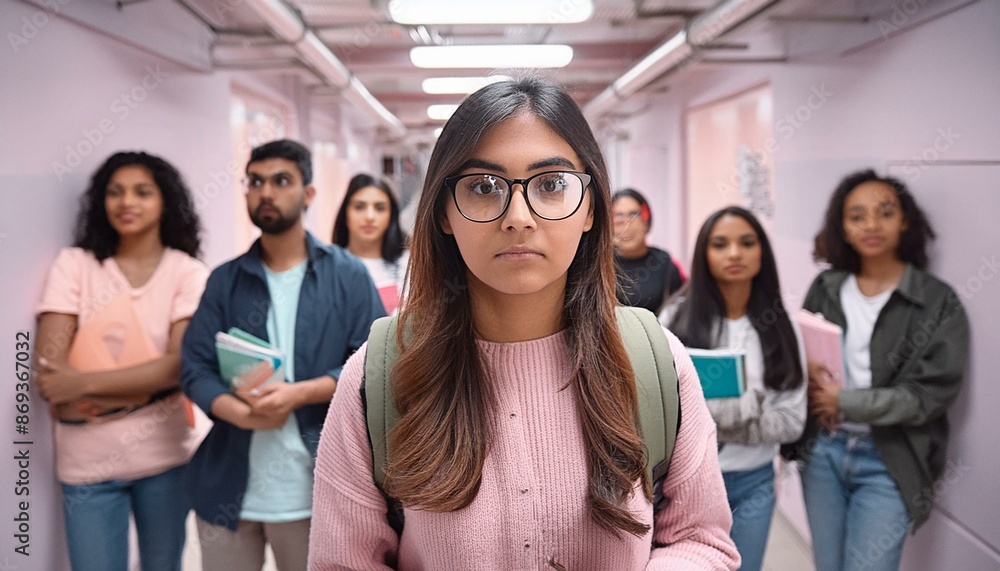 Sad student feeling lonely in a crowded hallway. Sad student feeling lonely in a crowded hallway.