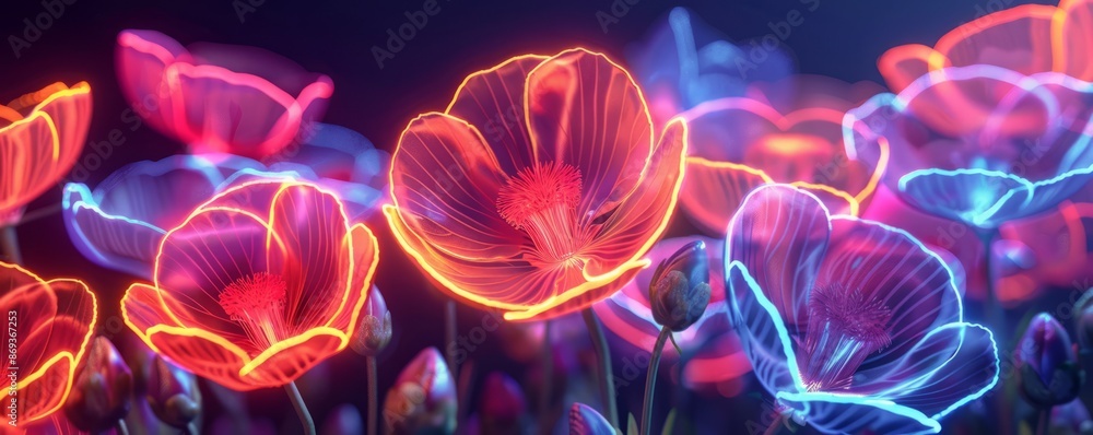 Neon outlines of flowers on a dark background Neon outlines of flowers on a dark background