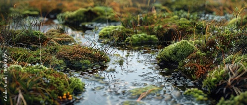 A detailed closeup of a peat bog with layers of sphagnum moss and diverse flora The intricate textures and vibrant greens and browns showcase the complexity and richness of the bog