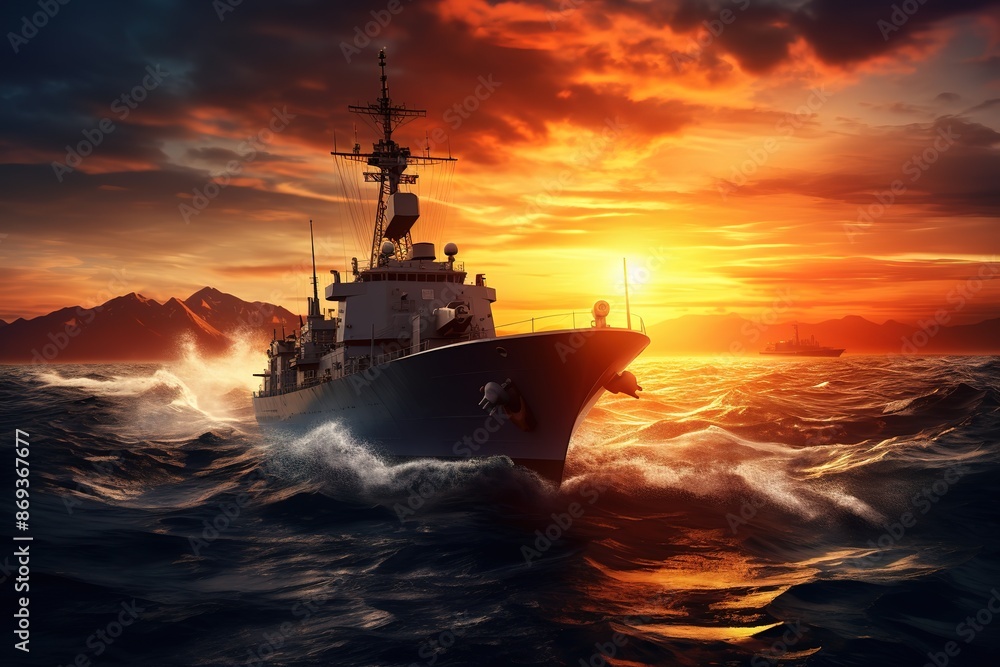 American Modern Warship In Rays Of The Sun. 3D Illustration.
American Modern Warship In Rays Of The Sun. 3D Illustration.