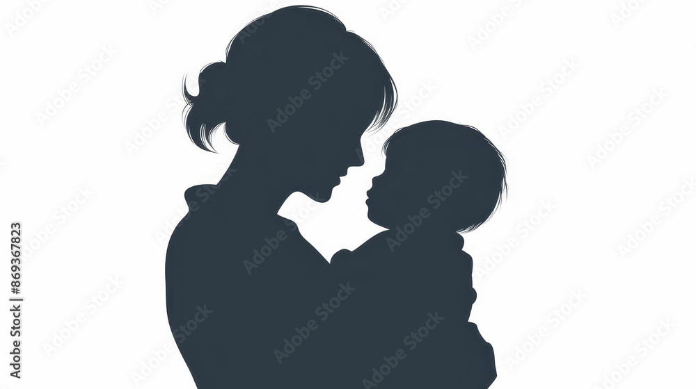 Silhouette of girl holding baby, white background, family love, minimalist style, copy space. Silhouette of girl holding baby, white background, family love, minimalist style, copy space.