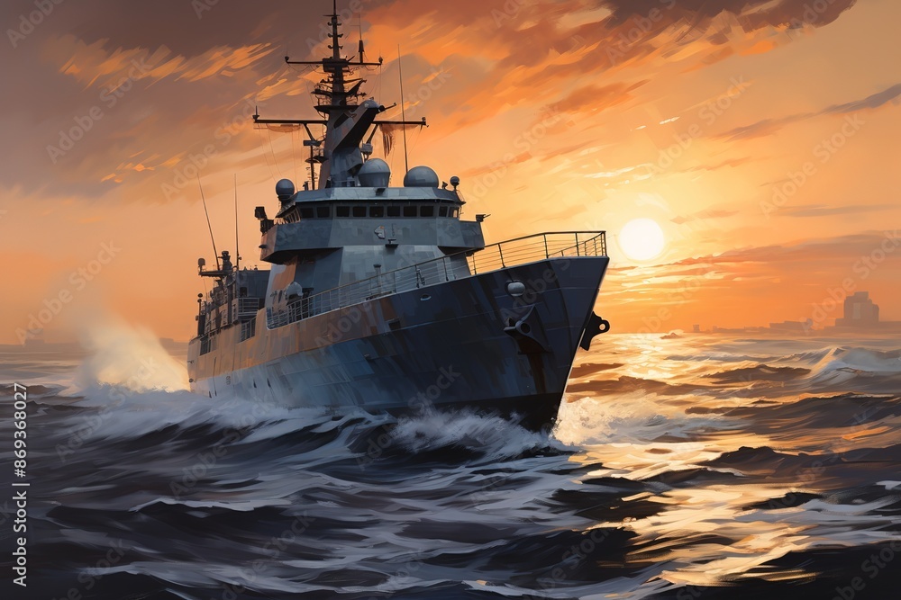 American Modern Warship In Rays Of The Sun. 3D Illustration.
American Modern Warship In Rays Of The Sun. 3D Illustration.