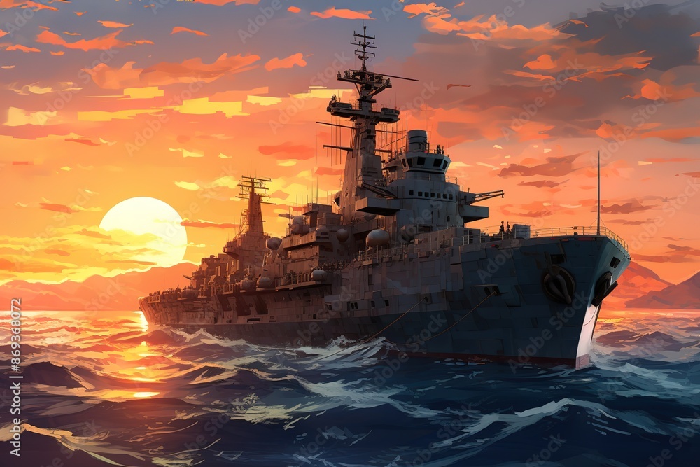 American Modern Warship In Rays Of The Sun. 3D Illustration.
American Modern Warship In Rays Of The Sun. 3D Illustration.