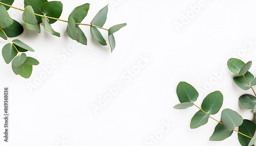 green eucalyptus leaves frame banner top view isolated on white background with copy space. flat lay