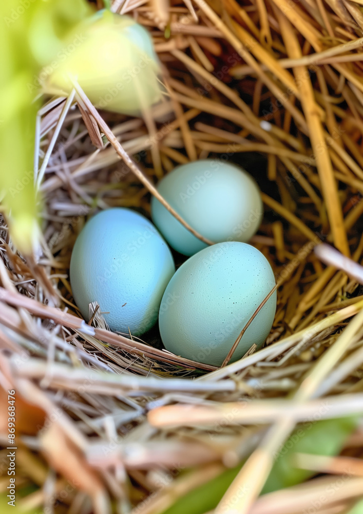 three light blue Nestled Eggs in the chicken nest - Close-Up three light blue Nestled Eggs in the chicken nest - Close-Up