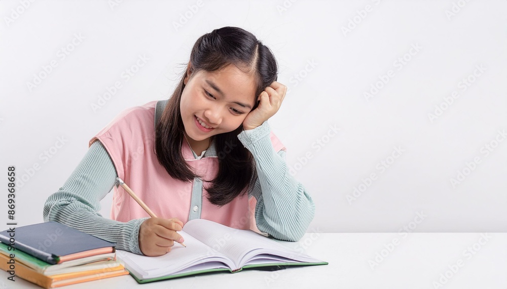Relieved student finishing a challenging task. white background. Relieved student finishing a challenging task. white background.