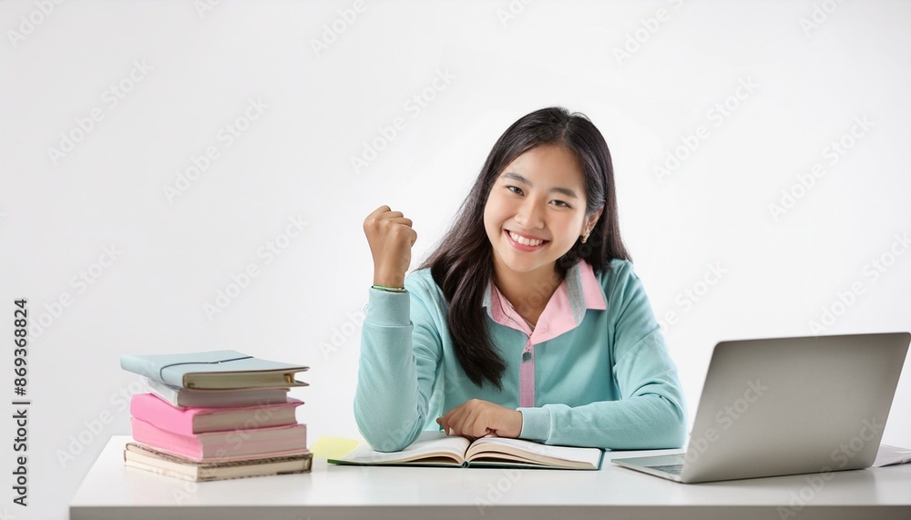 Relieved student finishing a challenging task. white background. Relieved student finishing a challenging task. white background.
