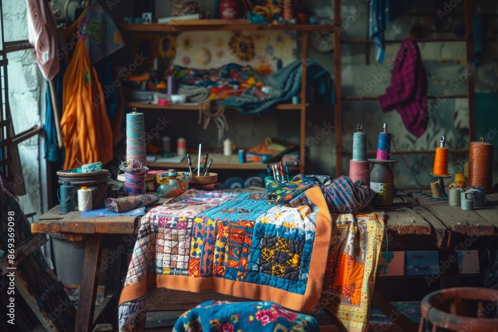 A rustic workspace with a patchwork project in progress, surrounded by fabric scraps and sewing tools. A rustic workspace with a patchwork project in progress, surrounded by fabric scraps and sewing tools.