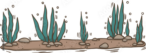 Seaweed and rock on sand illustration border for decoration on aquatic and marine life landscape.