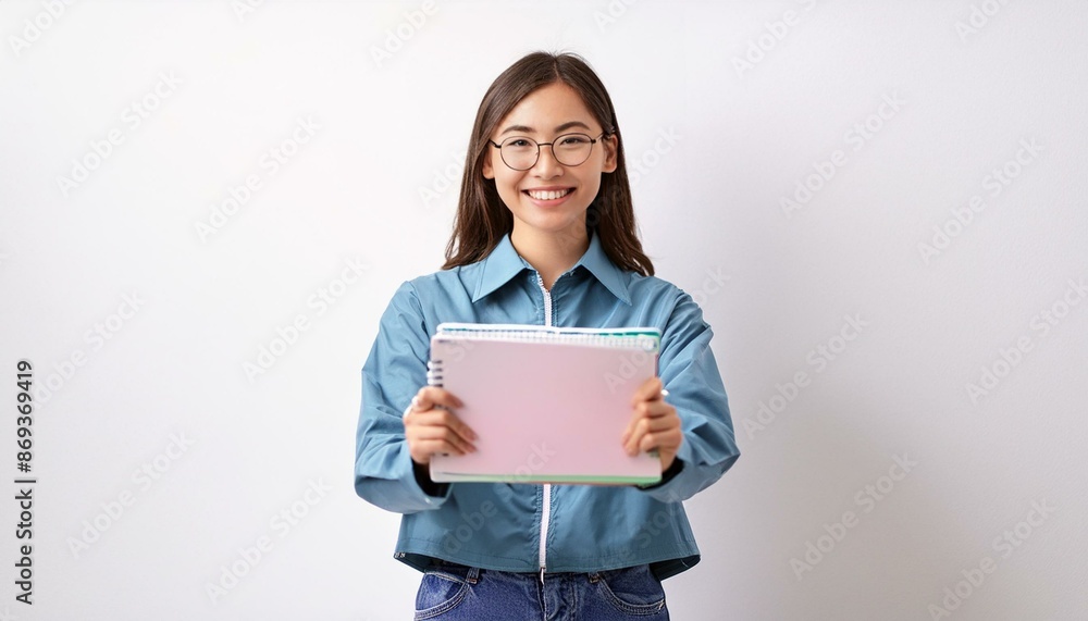 Proud student showing off a completed project. white background. Proud student showing off a completed project. white background.