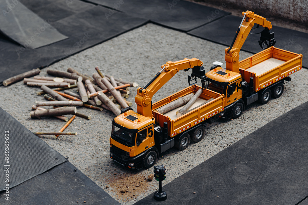 radio-controlled toy on toy construction site, radio-controlled log loader, entertainment for children radio-controlled toy on toy construction site, radio-controlled log loader, entertainment for children