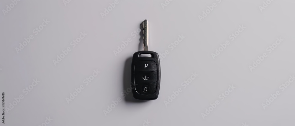A minimalist car key fob placed on a smooth, white surface with copy space A minimalist car key fob placed on a smooth, white surface with copy space