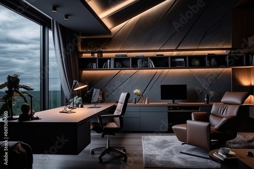 An industrial-style home office. Modern home office with desk, armchair, computer and office supplies © Наталья некрасова