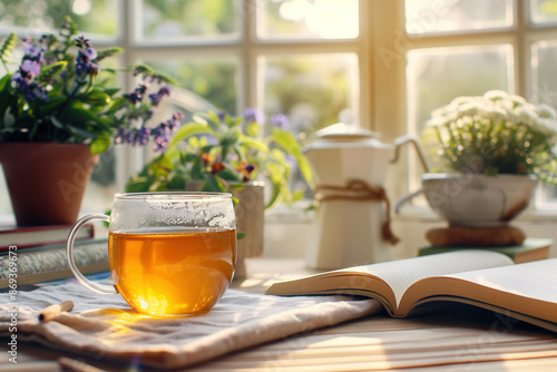 Cozy Morning with a Cup of Tea and Open Book by the Window