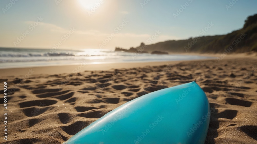 Surfboard on the beach sand, beautiful beach in the background, concept of leisure, summer, sport. Surfboard on the beach sand, beautiful beach in the background, concept of leisure, summer, sport.