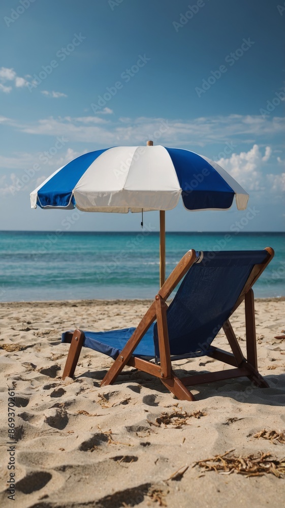 Beautiful landscape with beach chair and umbrella on the beach, sea in the background, summer and vacation concept. Beautiful landscape with beach chair and umbrella on the beach, sea in the background, summer and vacation concept.