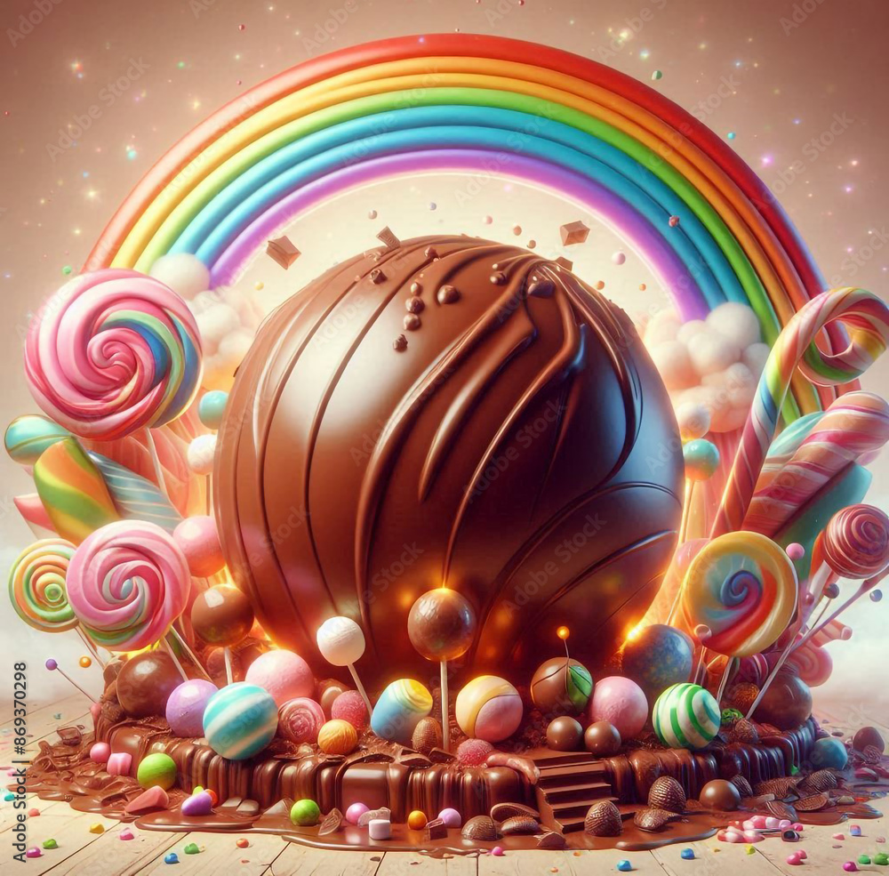 a chocolate easter egg with rainbow candies on the top. a chocolate easter egg with rainbow candies on the top.