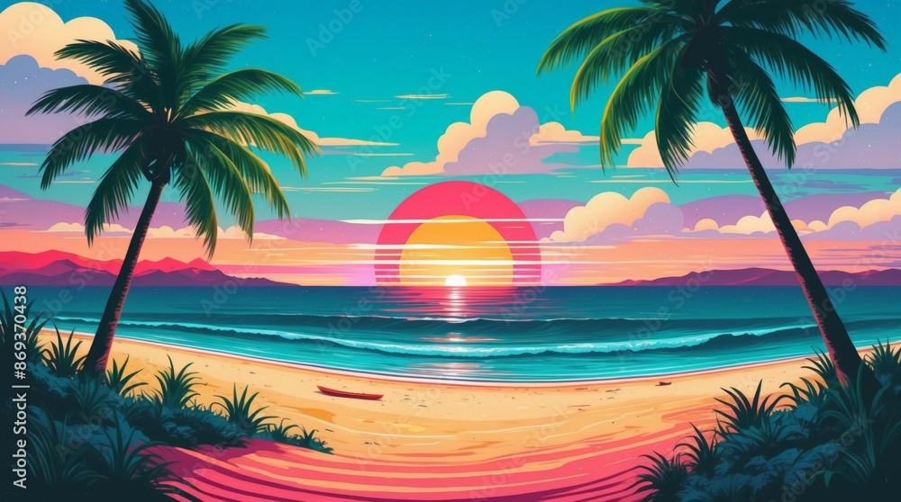 Obraz premium Beach and sunset landscape in vaporwave style, in a retro 80s setting, with palm trees.