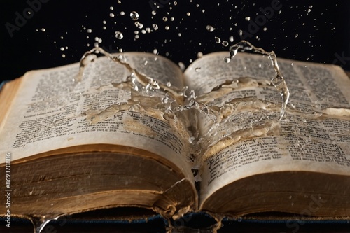 Open Bible with water gushing from inside the Bible, concept of faith