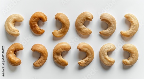 Twelve Cashew Nuts Arranged in Rows on a White Background