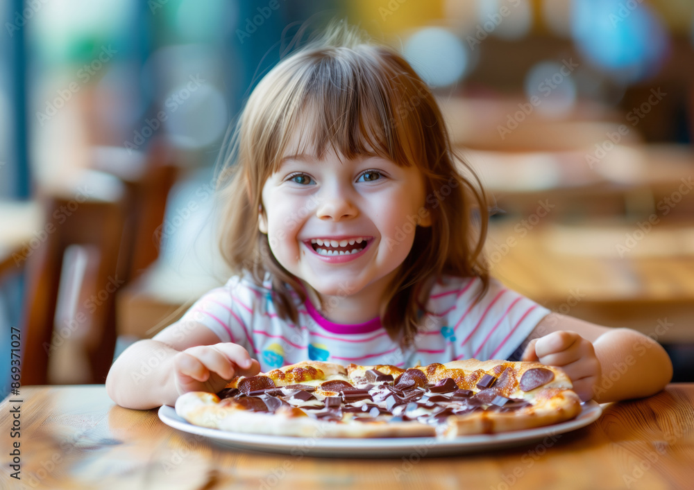 happy girl with sweet Brazilian Pizza sits by the table happy girl with sweet Brazilian Pizza sits by the table
