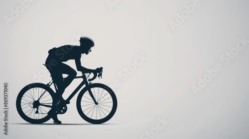 A simple sport banner with a streamlined silhouette of a cyclist against a white backdrop with copy space © JK_kyoto