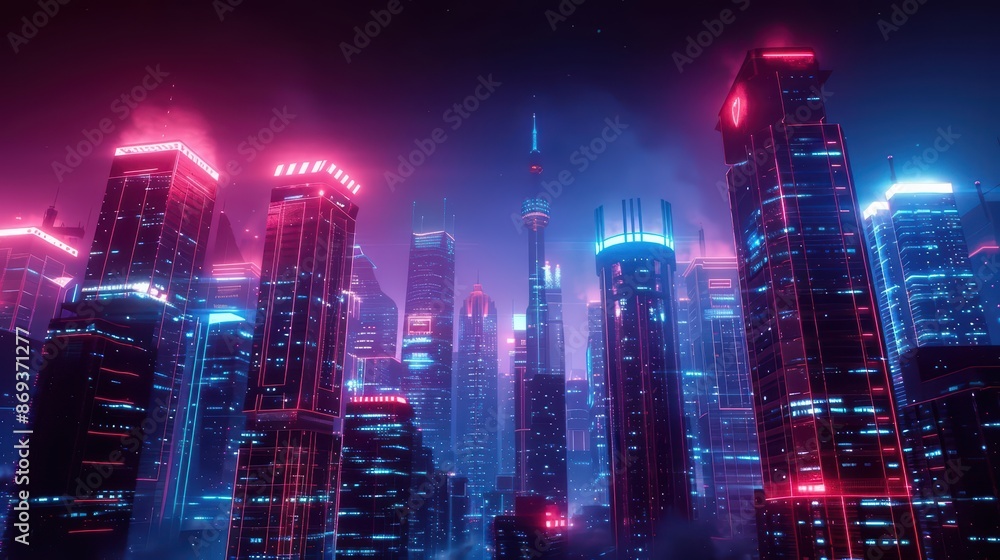 A smart cityscape at night, illuminated by neon lights and holographic advertisements with copy space A smart cityscape at night, illuminated by neon lights and holographic advertisements with copy space
