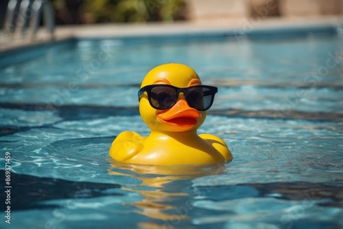 Yellow rubber ducky with sunglasses in the pool, leisure, vacation and summer concept.