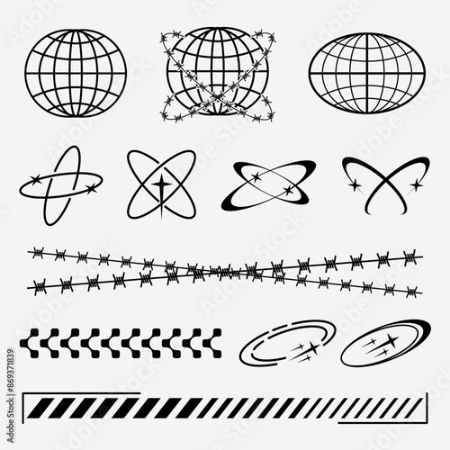 Streetwear Fashion Design elements, retro futuristic design element include globes thorn abstract shape
