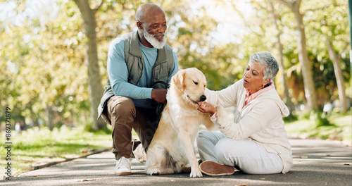 Wall Mural Elderly couple, dog and outdoor care with treat for support and healthy snack for praise or training in park