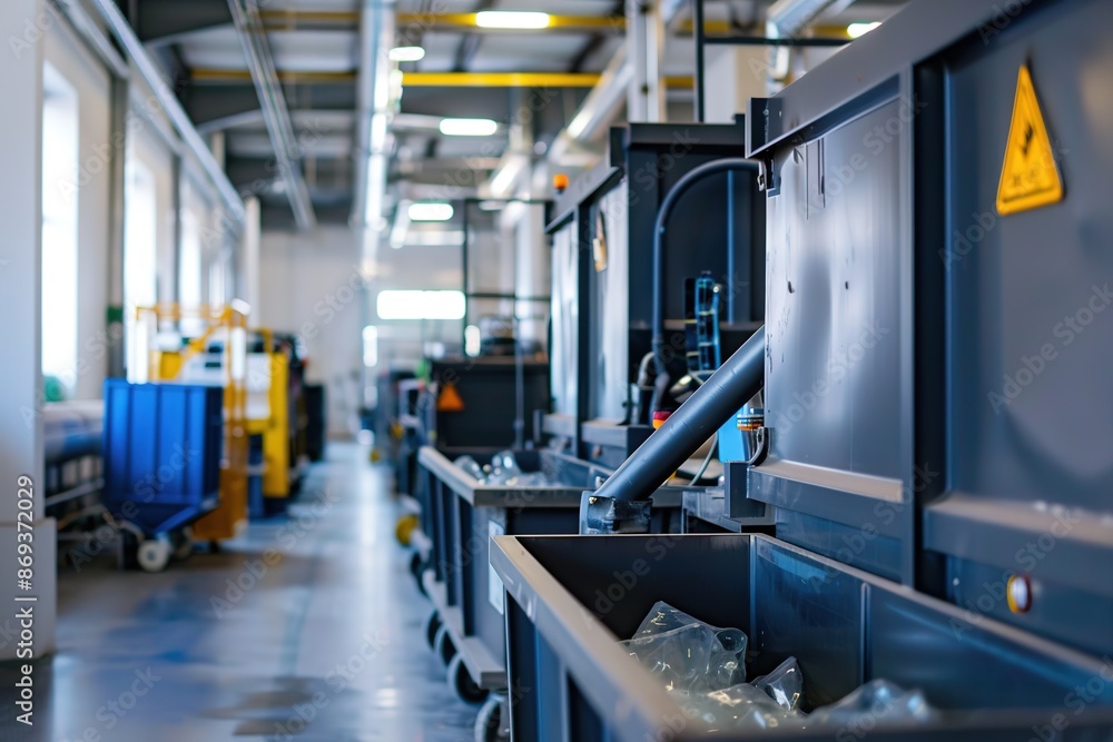 Industrial machinery in factory with warning signs Industrial machinery in factory with warning signs