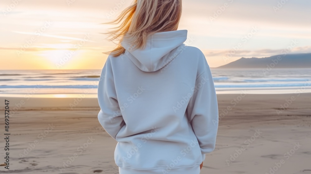 Serene Beach Stroll - Female Model in White Hooded Sweatshirt Mockup Enjoying Sunny Day by the Sea | Beautiful Blonde Woman Back View Serene Beach Stroll - Female Model in White Hooded Sweatshirt Mockup Enjoying Sunny Day by the Sea | Beautiful Blonde Woman Back View