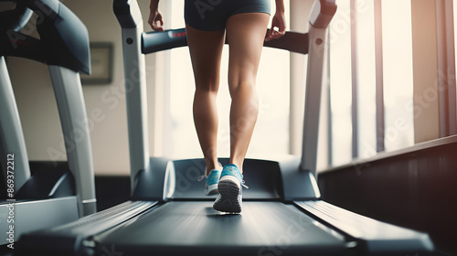 Dynamic image of womans legs running on treadmill in gym