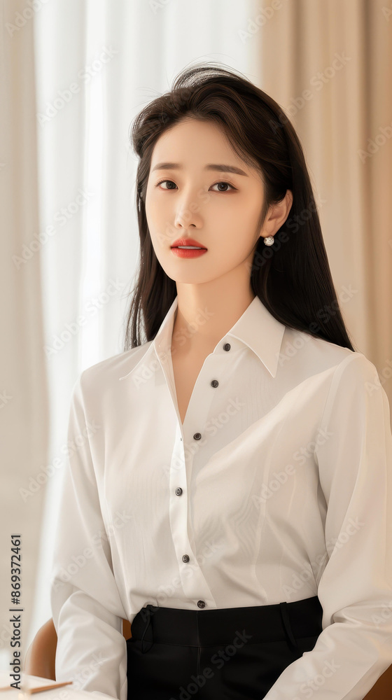 Realistic young Korean business woman in white shirt, black skirt, straight long hair in dining room. Realistic young Korean business woman in white shirt, black skirt, straight long hair in dining room.