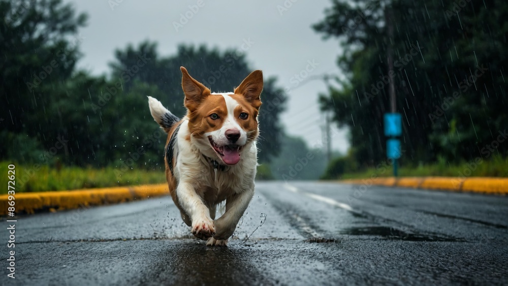 Cute dog walking in rain Cute dog walking in rain