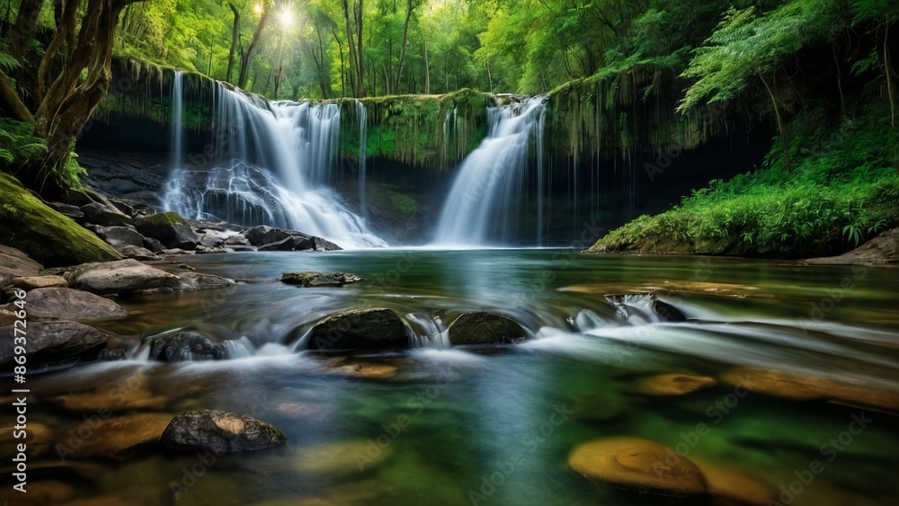 Natural waterfalls in the middle of green forest Natural waterfalls in the middle of green forest