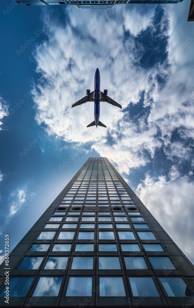 Passenger airplane flying over modern glass skyscraper Passenger airplane flying over modern glass skyscraper