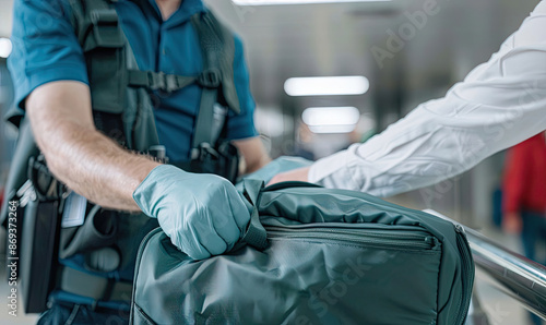Airport security officer checking luggage with passenger assisting