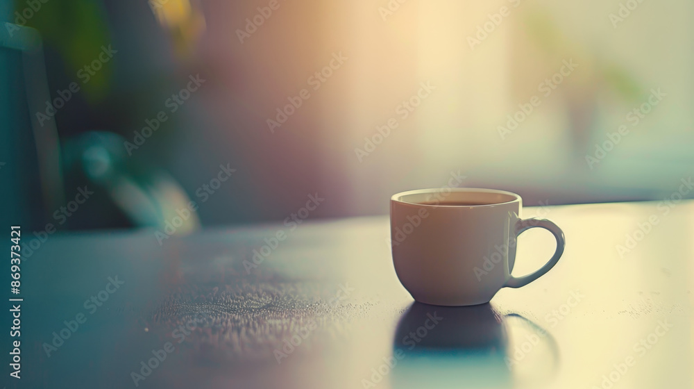 White coffee cup on a table in a softly lit, serene and relaxing morning setting White coffee cup on a table in a softly lit, serene and relaxing morning setting